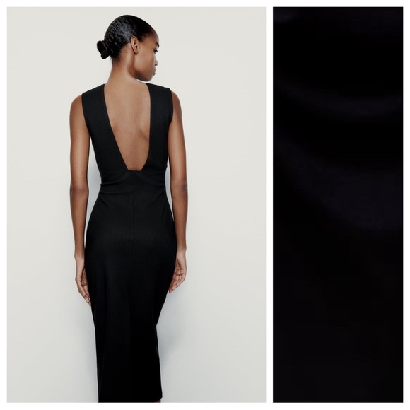 NWT. Zara Black Draped Side Fitted Midi Dress. Size XL. - Picture 4 of 9